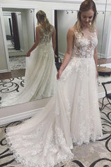 Long Lace Appliqued A-line White Wedding Dress with Court Train Long Lace Appliqued A-line White Wedding Dress with Court Train