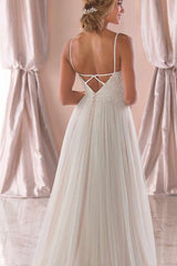 Long A-Line Spaghetti Straps White Wedding Dress with Lace Top Long A-Line Spaghetti Straps White Wedding Dress with Lace Top