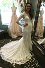 Mermaid Long Sleeves V-Neck Ivory Wedding Dress with Train Mermaid Long Sleeves V-Neck Ivory Wedding Dress with Train