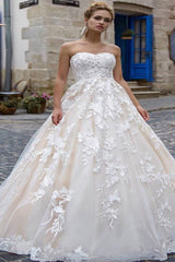 Long Lace-Up A-line Strapless Ivory Wedding Dress with Lace Long Lace-Up A-line Strapless Ivory Wedding Dress with Lace