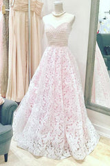 Long Sweetheart A-line Lace Pink Wedding Dress with Beads Long Sweetheart A-line Lace Pink Wedding Dress with Beads
