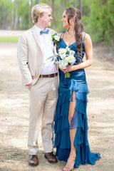 Emerald Green V-Neck Ruffle Long Prom Dress with Slit,AST1241 Emerald Green V-Neck Ruffle Long Prom Dress with Slit,AST1241