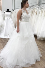 Long Ruffles A-line V-Neck White Wedding Dress with Lace Long Ruffles A-line V-Neck White Wedding Dress with Lace