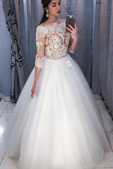Long 3/4 Sleeves A-line Off Shoulder White Bridal Dress with Lace Long 3/4 Sleeves A-line Off Shoulder White Bridal Dress with Lace