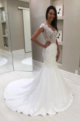 Long V-Neck Mermaid Cap Sleeves White Wedding Gown with Court Train Long V-Neck Mermaid Cap Sleeves White Wedding Gown with Court Train