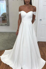 Simple Long Off the Shoulder A-line White Bridal Dress Simple Long Off the Shoulder A-line White Bridal Dress