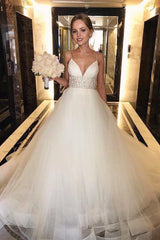 Long Spaghetti Straps A-line Empire White Wedding Dress with Beads Long Spaghetti Straps A-line Empire White Wedding Dress with Beads