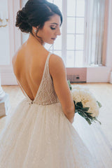 Sparkly Long V-Neck A-line White Wedding Dress with Slit Sparkly Long V-Neck A-line White Wedding Dress with Slit