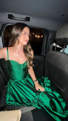 A-Line Green Satin Long Prom Dresses, AST1564 A-Line Green Satin Long Prom Dresses, AST1564