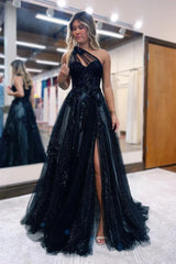 A-Line One Shoulder Black 3D Lace Appliques Long Prom Dress,AST1278 A-Line One Shoulder Black 3D Lace Appliques Long Prom Dress,AST1278