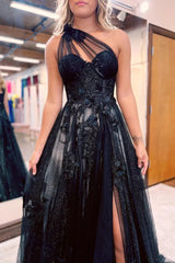 A-Line One Shoulder Black 3D Lace Appliques Long Prom Dress,AST1278 A-Line One Shoulder Black 3D Lace Appliques Long Prom Dress,AST1278