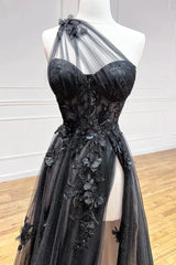 A-Line One Shoulder Black 3D Lace Appliques Long Prom Dress,AST1278 A-Line One Shoulder Black 3D Lace Appliques Long Prom Dress,AST1278