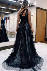 A-Line One Shoulder Black 3D Lace Appliques Long Prom Dress,AST1278 A-Line One Shoulder Black 3D Lace Appliques Long Prom Dress,AST1278
