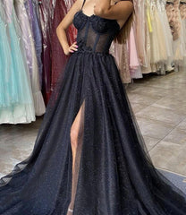 A-line Black Tulle Sweetheart Long Prom Dress Split Dress,AST1251 A-line Black Tulle Sweetheart Long Prom Dress Split Dress,AST1251