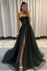 A-line Black Tulle Sweetheart Long Prom Dress Split Dress,AST1251 A-line Black Tulle Sweetheart Long Prom Dress Split Dress,AST1251