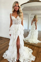 A Line Lace Tiered Stunning Prom Dress Evening Dress With Split,AST1230 A Line Lace Tiered Stunning Prom Dress Evening Dress With Split,AST1230