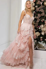 A Line Lace Tiered Stunning Prom Dress Evening Dress With Split,AST1230 A Line Lace Tiered Stunning Prom Dress Evening Dress With Split,AST1230