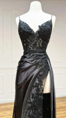Black Applique Satin Lace Prom Dress With Lace Up Back,AST1616 Black Applique Satin Lace Prom Dress With Lace Up Back,AST1616