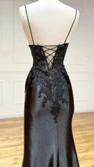 Black Applique Satin Lace Prom Dress With Lace Up Back,AST1616 Black Applique Satin Lace Prom Dress With Lace Up Back,AST1616