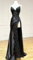 Black Applique Satin Lace Prom Dress With Lace Up Back,AST1616 Black Applique Satin Lace Prom Dress With Lace Up Back,AST1616