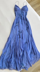 Blue Chiffon Sheath Long Prom Dress With Appliques, Slit Evening Party Dress, AST1521 Blue Chiffon Sheath Long Prom Dress With Appliques, Slit Evening Party Dress, AST1521