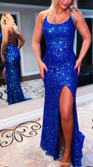 Blue Mermaid Sequin Prom Dresses, Lace Up Back Evening Formal Gown,AST1626 Blue Mermaid Sequin Prom Dresses, Lace Up Back Evening Formal Gown,AST1626