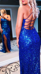 Blue Mermaid Sequin Prom Dresses, Lace Up Back Evening Formal Gown,AST1626 Blue Mermaid Sequin Prom Dresses, Lace Up Back Evening Formal Gown,AST1626