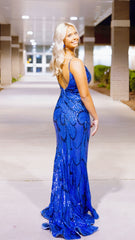 Blue Open Back Floral Sequin Long Party Dress, AST1505 Blue Open Back Floral Sequin Long Party Dress, AST1505