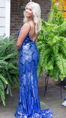 Blue Open Back Floral Sequin Long Party Dress, AST1505 Blue Open Back Floral Sequin Long Party Dress, AST1505
