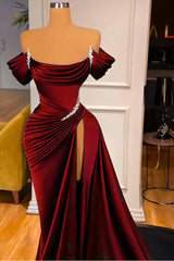 Burgundy Satin Long Prom Dresses, Off The Shoulder Beaded Evening Party Dress, AST1529 Burgundy Satin Long Prom Dresses, Off The Shoulder Beaded Evening Party Dress, AST1529