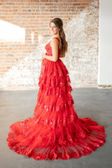 Charming Red Lace Prom Dresses Ruffles Evening Gown, AST1461 Charming Red Lace Prom Dresses Ruffles Evening Gown, AST1461