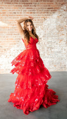 Charming Red Lace Prom Dresses Ruffles Evening Gown, AST1461 Charming Red Lace Prom Dresses Ruffles Evening Gown, AST1461