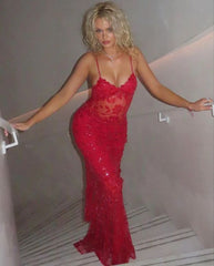 Charming Red Lace Sheath Long Prom Dress, Spaghetti Straps Evening Gown, AST1031 Charming Red Lace Sheath Long Prom Dress, Spaghetti Straps Evening Gown, AST1031