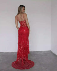 Charming Red Lace Sheath Long Prom Dress, Spaghetti Straps Evening Gown, AST1031 Charming Red Lace Sheath Long Prom Dress, Spaghetti Straps Evening Gown, AST1031