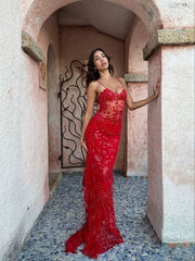 Charming Red Lace Sheath Long Prom Dress, Spaghetti Straps Evening Gown, AST1031 Charming Red Lace Sheath Long Prom Dress, Spaghetti Straps Evening Gown, AST1031