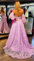 Chic Lilac A-Line Split Prom Dress, Bubble Sleeves Lace Prom Gala Dress,AST1636 Chic Lilac A-Line Split Prom Dress, Bubble Sleeves Lace Prom Gala Dress,AST1636