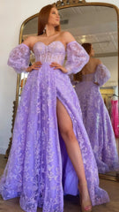 Chic Lilac A-Line Split Prom Dress, Bubble Sleeves Lace Prom Gala Dress,AST1636 Chic Lilac A-Line Split Prom Dress, Bubble Sleeves Lace Prom Gala Dress,AST1636