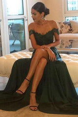 Dark Green Prom Dresses Off-the-shoulder Split Evening Dresses,AST1284 Dark Green Prom Dresses Off-the-shoulder Split Evening Dresses,AST1284