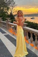 Free Style Pastel Yellow Silk Satin Long Party Dress, Sheath Backless Prom Dresses, AST1489 Free Style Pastel Yellow Silk Satin Long Party Dress, Sheath Backless Prom Dresses, AST1489
