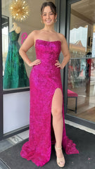 Fuchsia Hot Pink Sequined Prom Dress With High Slit,AST1664 Fuchsia Hot Pink Sequined Prom Dress With High Slit,AST1664