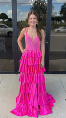 Fuchsia V-Neck Ruffle Long Party Dress Sequin Senior Prom Dress, AST1501 Fuchsia V-Neck Ruffle Long Party Dress Sequin Senior Prom Dress, AST1501
