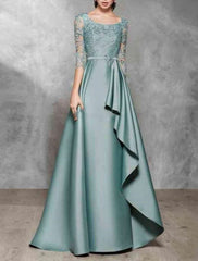 A-Line Mother of the Bride Dress Wedding Guest Elegant Jewel Neck Floor Length Satin Lace 3/4 Length Sleeve No with Sash / Ribbon Ruffles Appliques Beautiful A-Line Mother of the Bride Dress Wedding Guest Elegant Jewel Neck Floor Length Satin Lace 3/4 Length Sleeve No with Sash / Ribbon Ruffles Appliques Beautiful