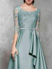A-Line Mother of the Bride Dress Wedding Guest Elegant Jewel Neck Floor Length Satin Lace 3/4 Length Sleeve No with Sash / Ribbon Ruffles Appliques Beautiful A-Line Mother of the Bride Dress Wedding Guest Elegant Jewel Neck Floor Length Satin Lace 3/4 Length Sleeve No with Sash / Ribbon Ruffles Appliques Beautiful