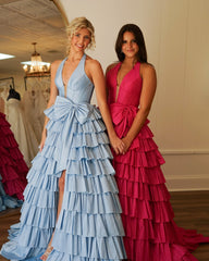 Halter V-Neck Ruffle Prom Dress With Bowknot Slit, AST1503 Halter V-Neck Ruffle Prom Dress With Bowknot Slit, AST1503