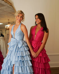 Halter V-Neck Ruffle Prom Dress With Bowknot Slit, AST1503 Halter V-Neck Ruffle Prom Dress With Bowknot Slit, AST1503