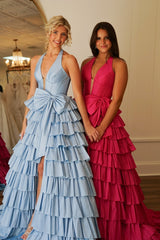 Halter V-Neck Ruffle Prom Dress With Bowknot Slit, AST1503 Halter V-Neck Ruffle Prom Dress With Bowknot Slit, AST1503