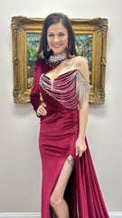 High Quality Evening Party Dress, Burgundy Velvet Prom Dress, One Sleeve Beaded Long Dress, AST1541 High Quality Evening Party Dress, Burgundy Velvet Prom Dress, One Sleeve Beaded Long Dress, AST1541