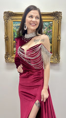 High Quality Evening Party Dress, Burgundy Velvet Prom Dress, One Sleeve Beaded Long Dress, AST1541 High Quality Evening Party Dress, Burgundy Velvet Prom Dress, One Sleeve Beaded Long Dress, AST1541