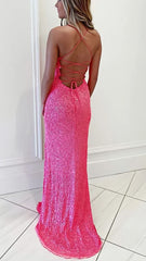 Hot Pink Sequin Long Prom Dress With Cross Back, AST1580 Hot Pink Sequin Long Prom Dress With Cross Back, AST1580