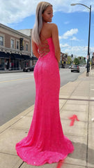 Hot Pink Sequin Mermaid Prom Dress, Lace Up Back Evening Dresses,AST1628 Hot Pink Sequin Mermaid Prom Dress, Lace Up Back Evening Dresses,AST1628